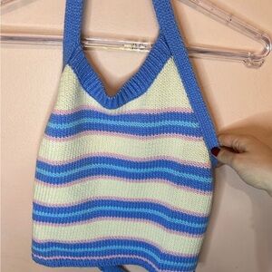 Striped Knit Halter Top in Blue and Cream
